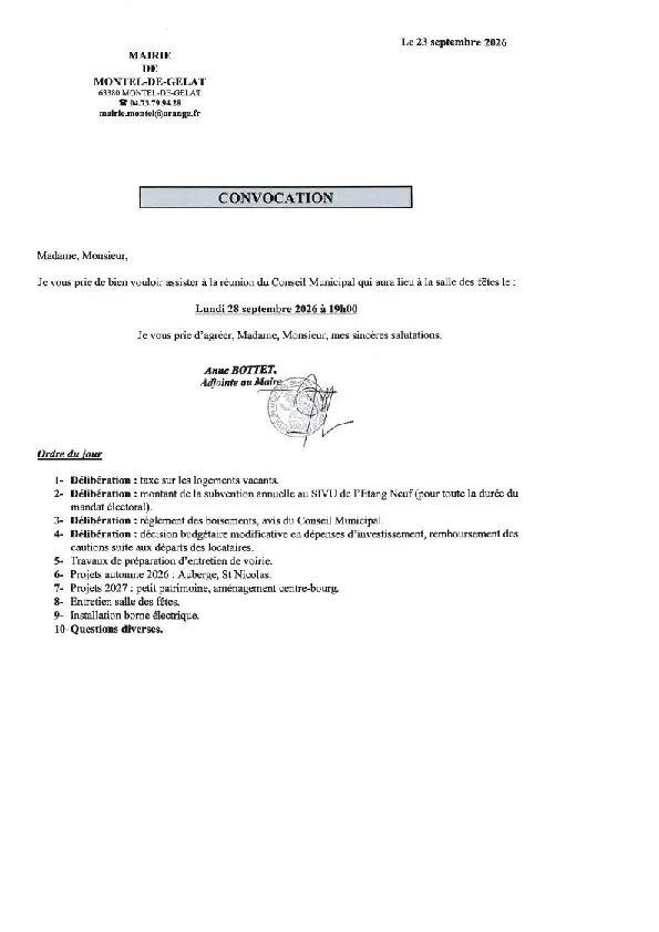 REUNION DU CONSEIL MUNICIPAL LE 28 SEPTEMBRE 2026