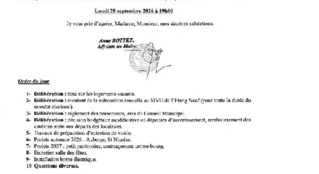 REUNION DU CONSEIL MUNICIPAL LE 28 SEPTEMBRE 2026